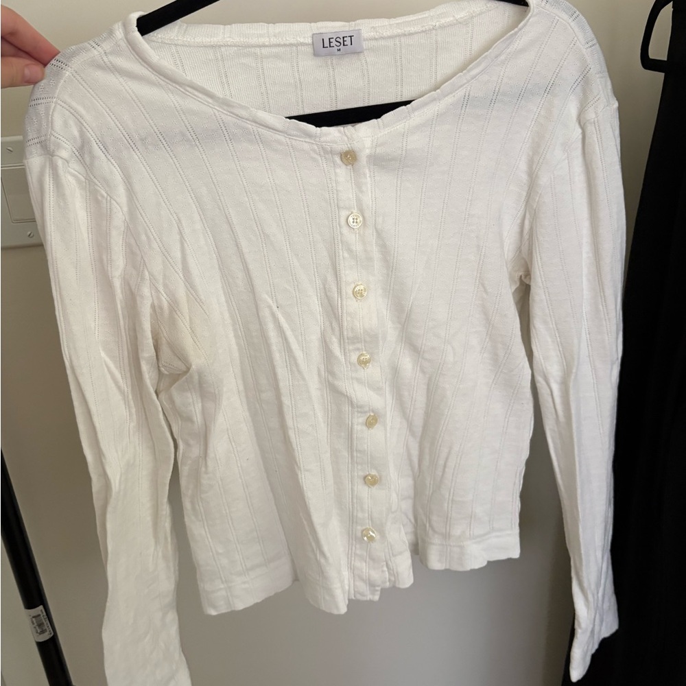 LESET White Ribbed Button-Front Long Sleeve Sweater - Picture 2 of 9